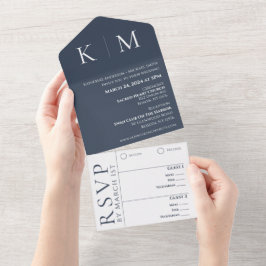 Invitación Todo En Uno Boda de Monograma Azul y Blanco-