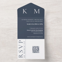 Invitación Todo En Uno Boda de Monograma Azul y Blanco-