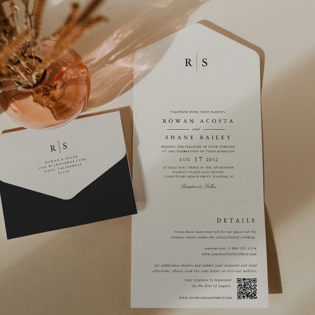 Invitación Todo En Uno Boda de monograma clásico negro y crudo (Subido por el creador)