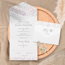 Invitación Todo En Uno Boda de monograma con guión de arcoiris confetti