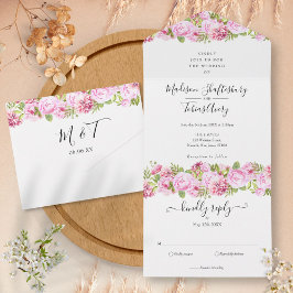 Invitación Todo En Uno Boda de monograma con guion elegante con flores ro