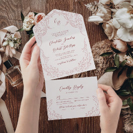 Invitación Todo En Uno Boda de Monograma con sabor a vinagre rosado