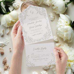 Invitación Todo En Uno Boda de Monograma con Sabor Vintage Esbozado