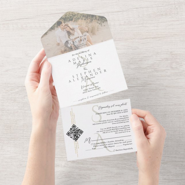 Invitación Todo En Uno Boda de monograma contemporáneo de escritura en bl (desgarro)