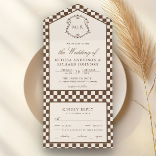 Invitación Todo En Uno Boda de Monograma Cuadrada Marrón Marfil Dinero An