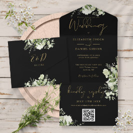 Invitación Todo En Uno Boda de monograma de código QR con vegetación negr