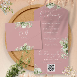 Invitación Todo En Uno Boda de monograma de código QR de verde rosado pol
