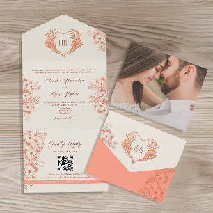 Invitación Todo En Uno Boda de monograma de corazón floral de melocotón r