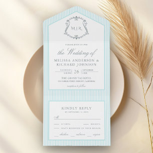 Invitación Todo En Uno Boda de Monograma de Cresta con Rayas Azules Paste