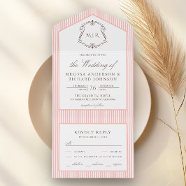 Invitación Todo En Uno Boda de Monograma de Cresta con Rayas de Color Ros