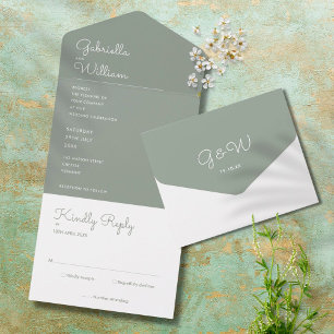 Invitación Todo En Uno Boda de monograma de escritura verde sabio minimal