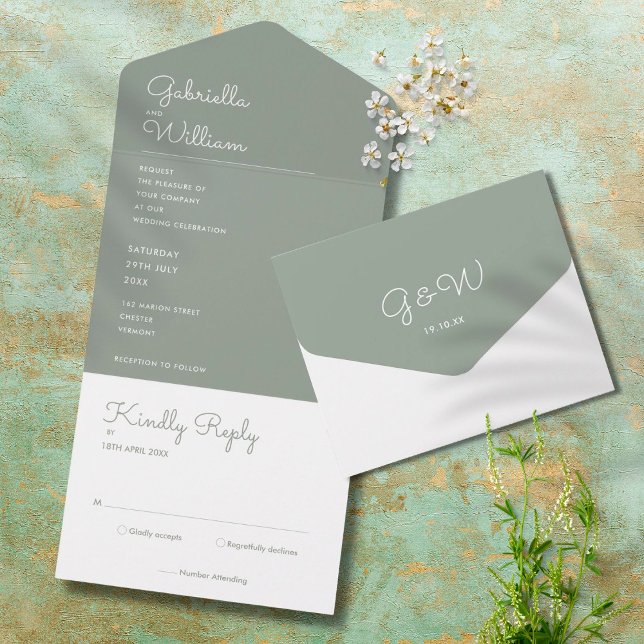 Invitación Todo En Uno Boda de monograma de escritura verde sabio minimal (Subido por el creador)