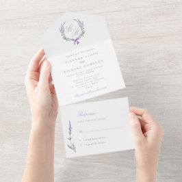 Invitación Todo En Uno Boda de monograma de la guirnalda de Lavender