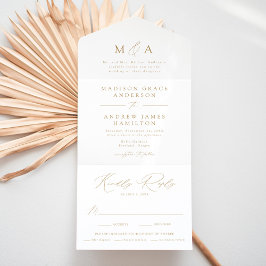 Invitación Todo En Uno Boda de Monograma de Oro Moderno y Elegante