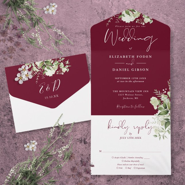 Invitación Todo En Uno Boda de Monograma de Verdor Botánico de Borgoña (Burgundy Botanical Greenery Monogram Wedding All In One Invitation)