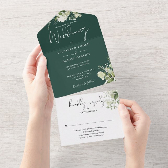 Invitación Todo En Uno Boda de Monograma de Verdor Botánico Esmeralda (desgarro)