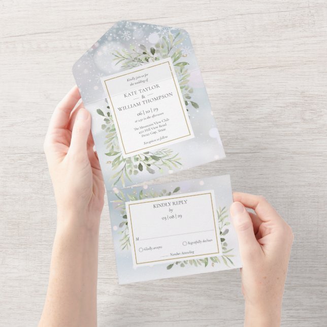 Invitación Todo En Uno Boda de Monograma de Verdor de Nieve en Invierno (desgarro)