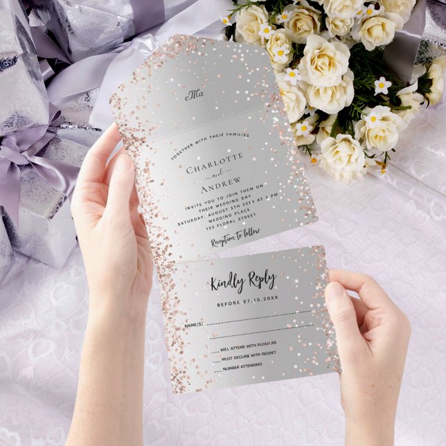 Invitación Todo En Uno Boda de monograma dorado rosa plateado (Subido por el creador)
