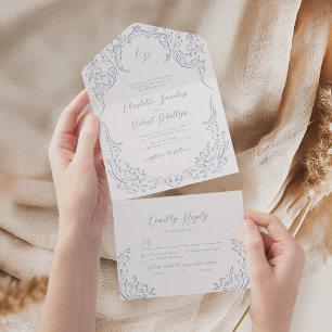 Invitación Todo En Uno Boda de Monograma Dusty Blue Vintage Flourish