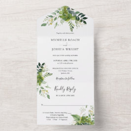 Invitación Todo En Uno Boda de monograma elegante con vegetación de eucal