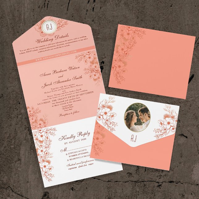 Invitación Todo En Uno Boda de Monograma Elegante de Melocotón (Subido por el creador)
