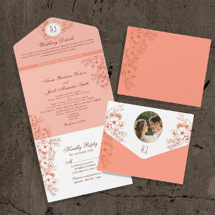 Invitación Todo En Uno Boda de monograma elegante de Peach