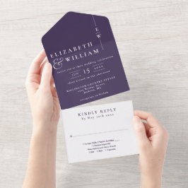 Invitación Todo En Uno Boda de monograma elegante Minimalista púrpura