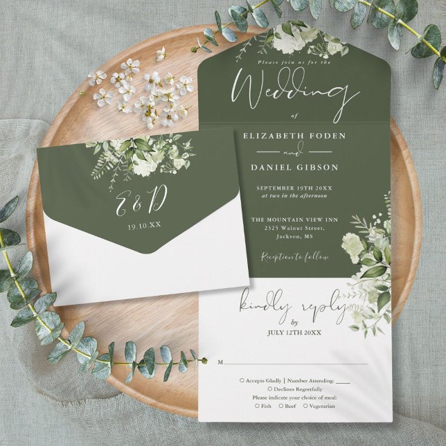 Invitación Todo En Uno Boda de monograma floral de verde oliva (Olive Green Greenery Floral Monogram Wedding All In One Invitation)