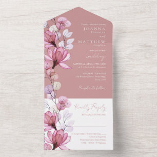 Invitación Todo En Uno Boda de Monograma Floral Transparente Rosa Polvo