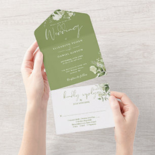 Invitación Todo En Uno Boda de monograma floral verde musgo vegetación