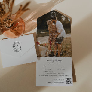 Invitación Todo En Uno Boda de monograma minimalista Foto Código QR