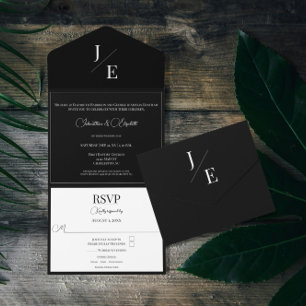 Invitación Todo En Uno Boda de monograma minimalista Negro