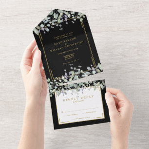 Invitación Todo En Uno Boda de Monograma Negro y Dorado con Follaje de Li