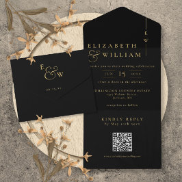 Invitación Todo En Uno Boda de Monograma QR Código Elegante Negro y Dorad