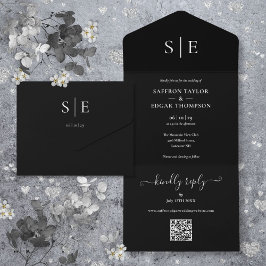 Invitación Todo En Uno Boda de Monograma QR en Blanco y Negro