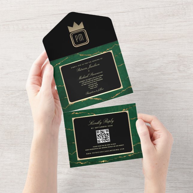 Invitación Todo En Uno Boda de Monograma Verde de Esmeralda Negra de Oro  (desgarro)