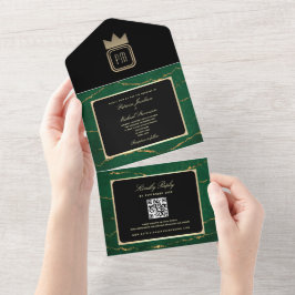 Invitación Todo En Uno Boda de Monograma Verde de Esmeralda Negra de Oro 