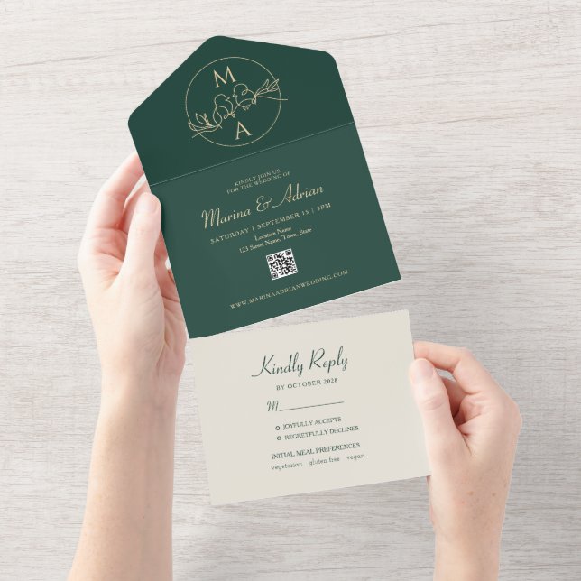 Invitación Todo En Uno Boda de Monograma Verde Esmeralda (desgarro)