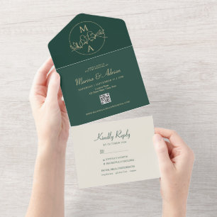 Invitación Todo En Uno Boda de Monograma Verde Esmeralda