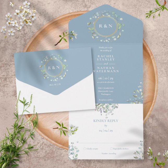 Invitación Todo En Uno Boda de Monograma Verde Floral Polvo Azul (Subido por el creador)