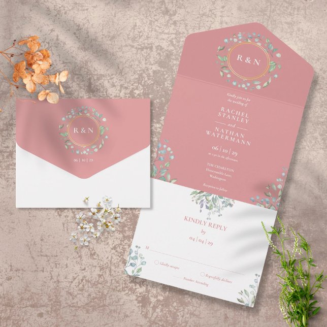Invitación Todo En Uno Boda de Monograma Verde Floral Rosa Polvoriento (Subido por el creador)