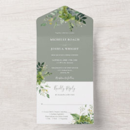 Invitación Todo En Uno Boda de monograma verde salvia con vegetación de e