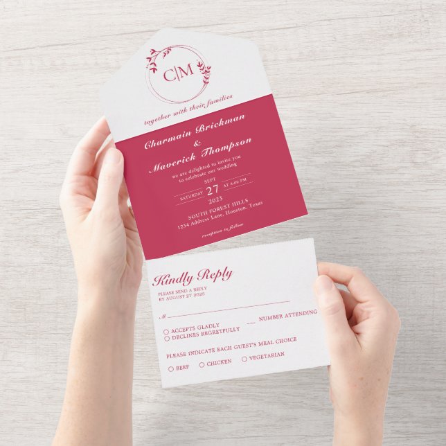 Invitación Todo En Uno Boda de monograma Viva Magenta clásico redondo (desgarro)