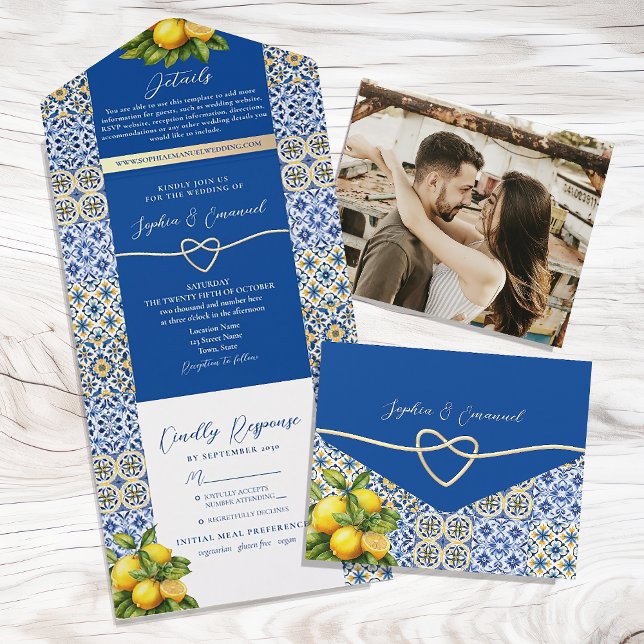 Invitación Todo En Uno Boda de mosaico italiano Lemon Blue (Subido por el creador)
