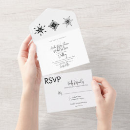 Invitación Todo En Uno Boda de Navidad con letras elegantes y copos de ni