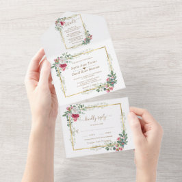Invitación Todo En Uno Boda de Navidades Charm White Red Floral Gold