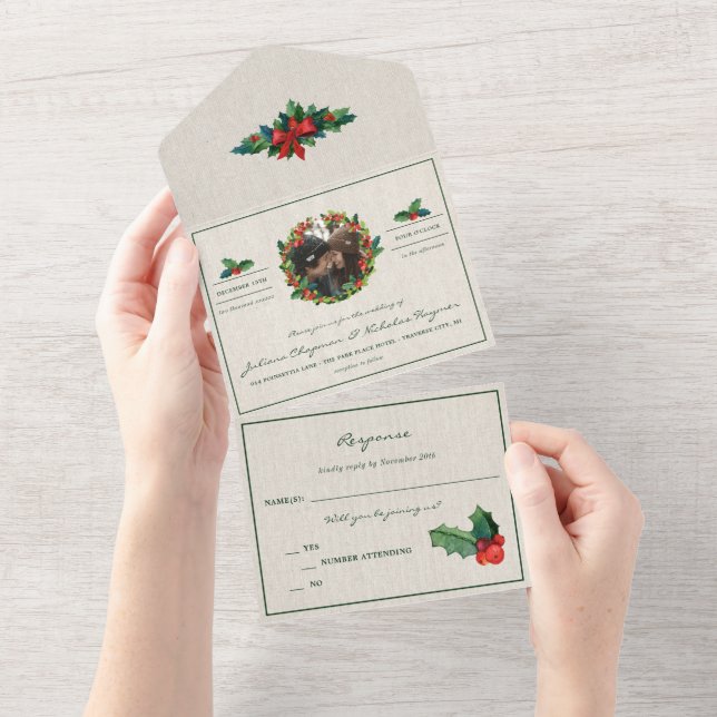 Invitación Todo En Uno Boda de Navidades de Holiday Wreath Poinsettia (desgarro)