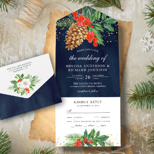 Invitación Todo En Uno Boda de Navidades de la Marina de Pine Cone de Hol