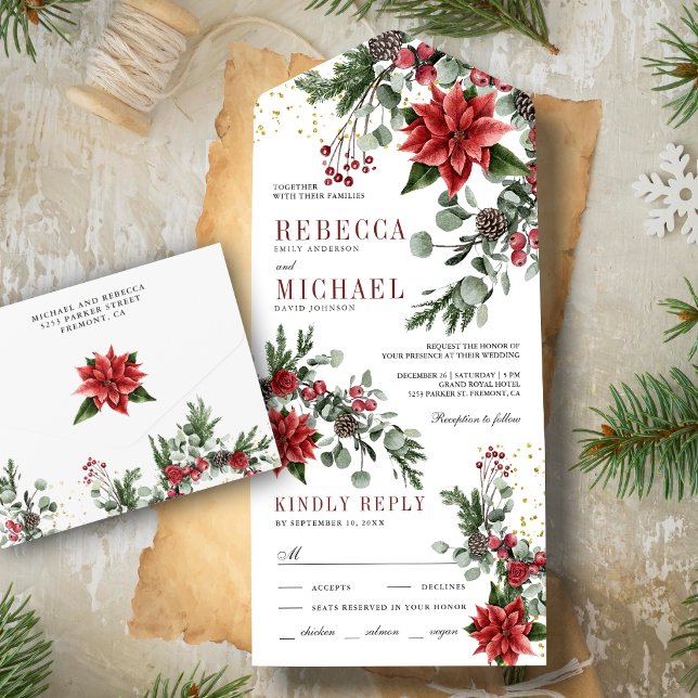 Invitación Todo En Uno Boda de Navidades florales de Pine Poinsettia Rust (Subido por el creador)