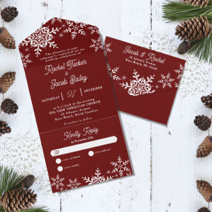 Invitación Todo En Uno Boda de Navidades rojos oscuros en invierno